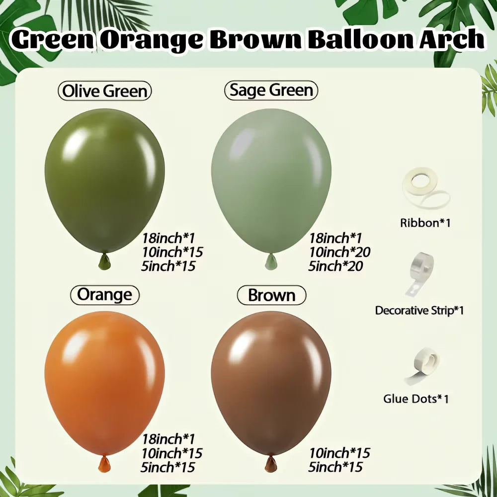 136Pcs Dinosaur Balloon Garland Arch Kit Brown Orange Sage Green Latxe