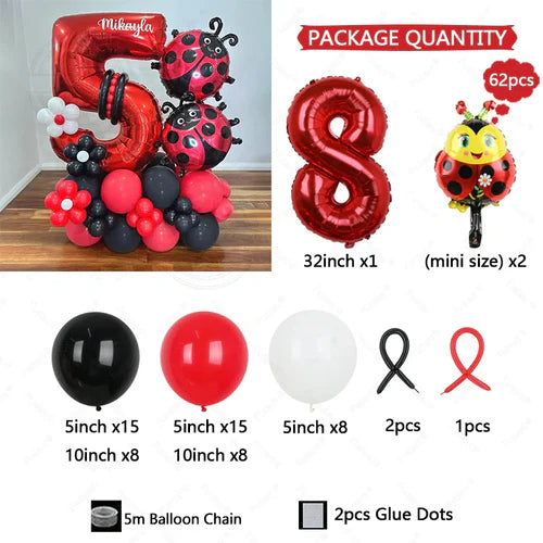 62pcs LadyBug Foil Balloons Garland Arch Kit Red Number Foil Ballon
