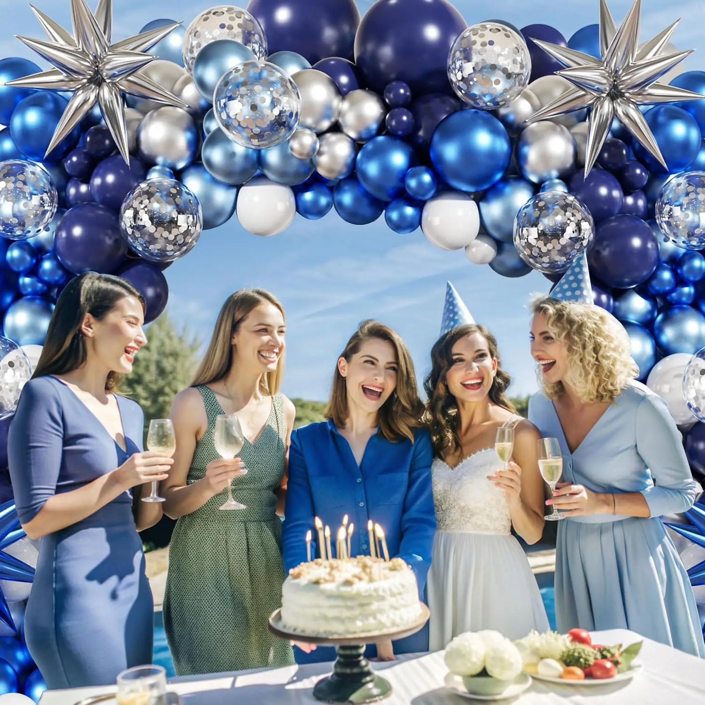 Blue White Silver Balloon Garland Arch Kit 137Pcs Navy Light Metallic