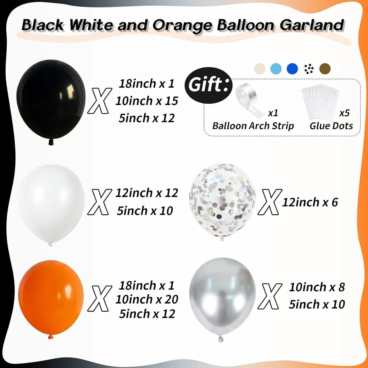 113pcs Black White Orange Confetti Latex Balloon Garland Arch Kit for