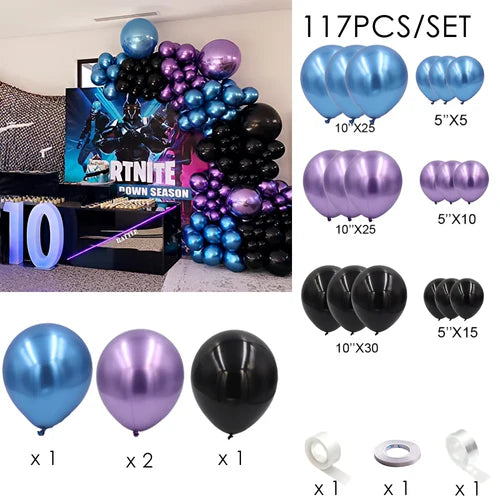 117Pcs Metallic Chrome Black Purple Blue Balloons Garland Arch Kit for