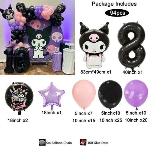 94PCS Kuromi Themed Balloons Garland Arch Kit for Girl Birthday Party