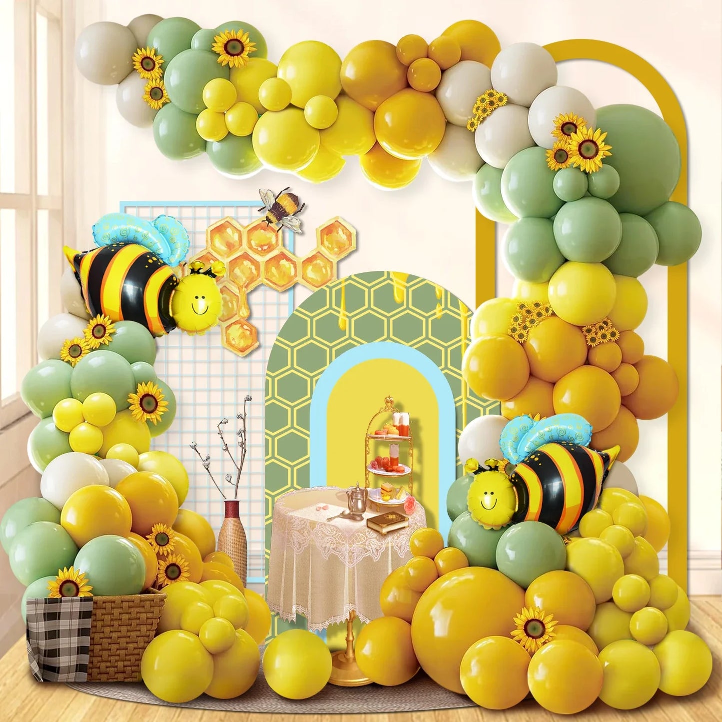 111-Piece Bee Sunflower Balloon Garland Arch Set, Mustard Yellow and