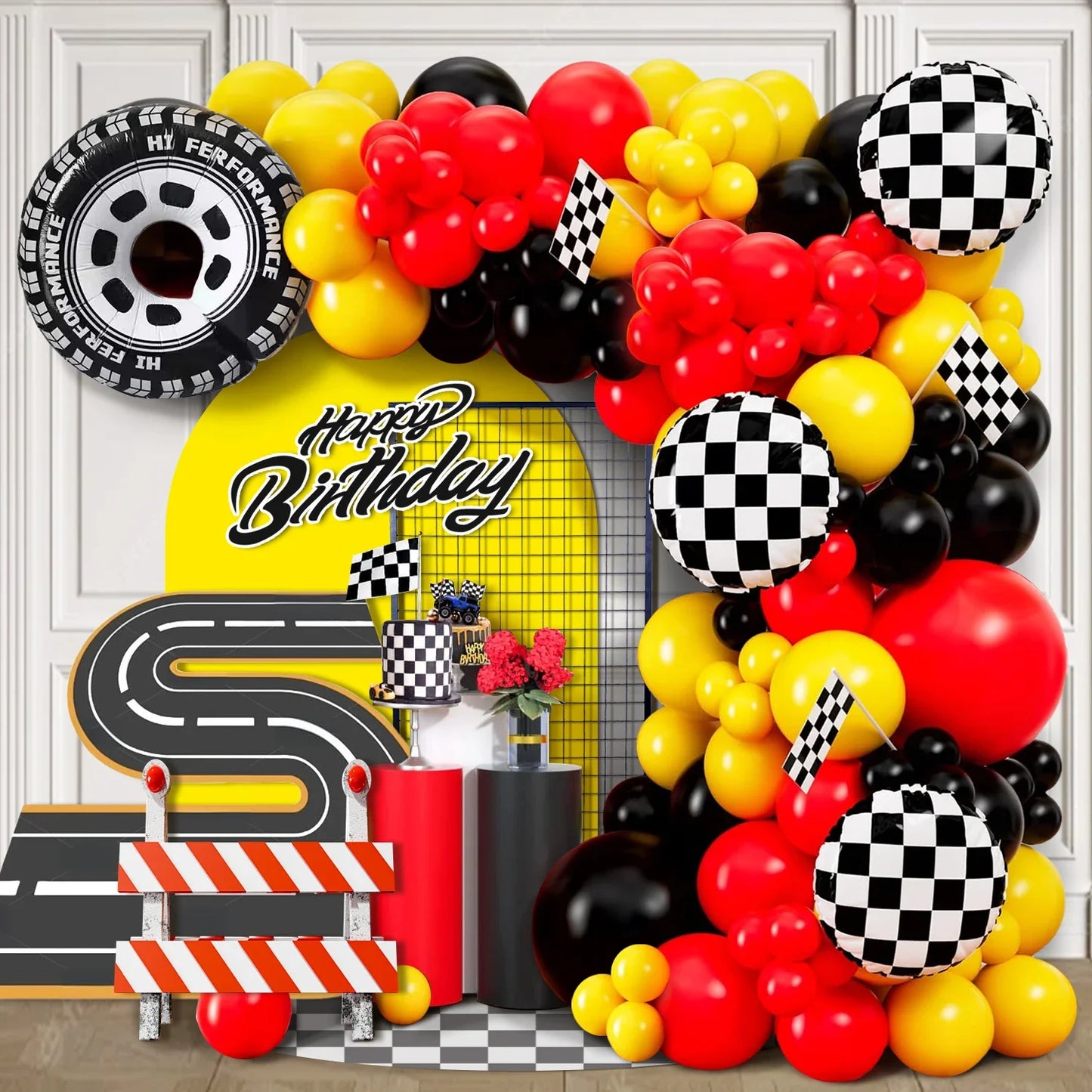 98 Pieces Yellow and Black All-In-One Car Theme Balloon Garland Set,