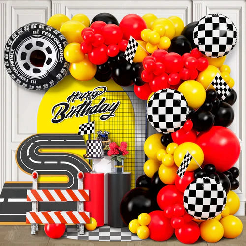 98 Pieces Yellow and Black All-In-One Car Theme Balloon Garland Set,