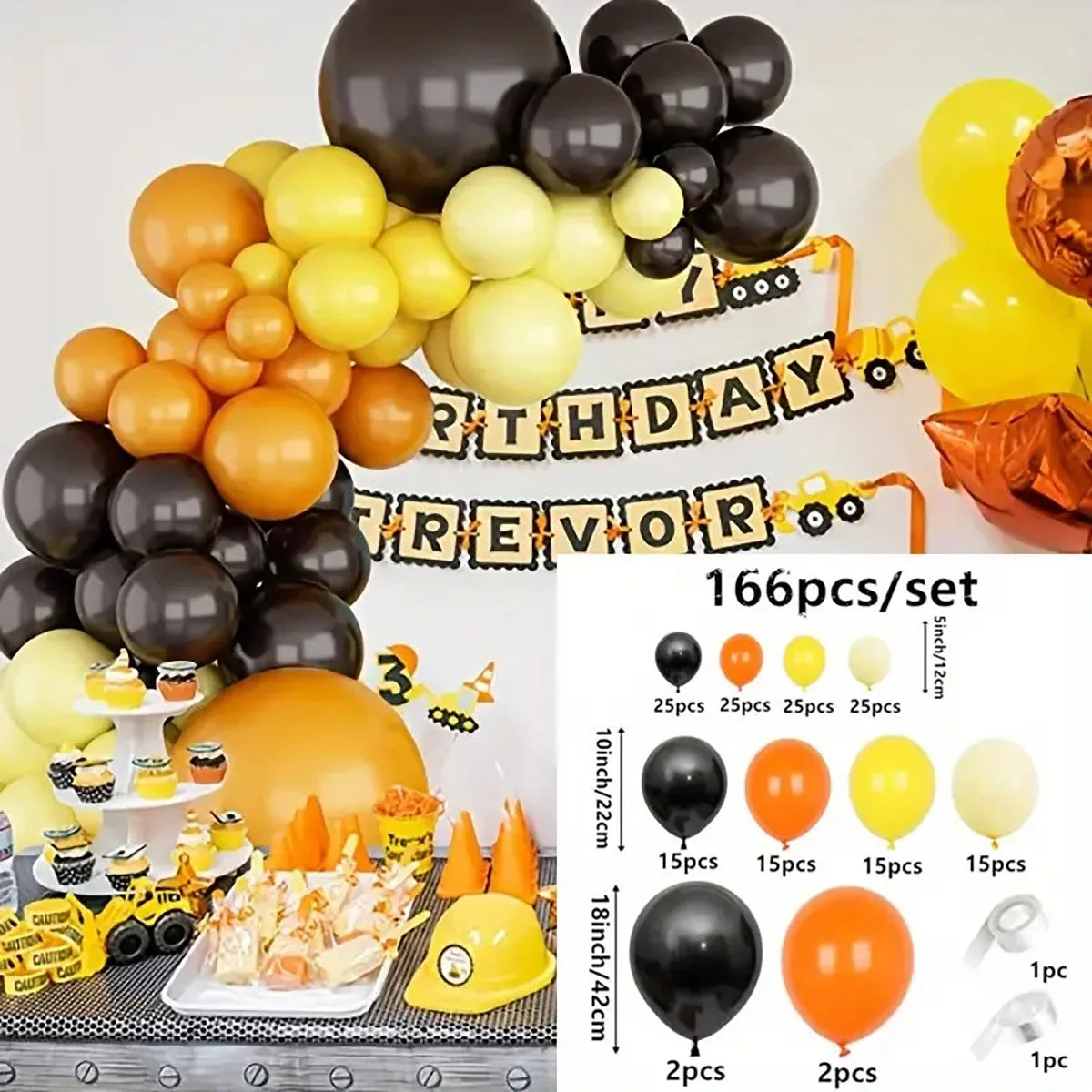 166pcs Engineering Car Theme Yellow Orange Latex Balloon Garland Arch