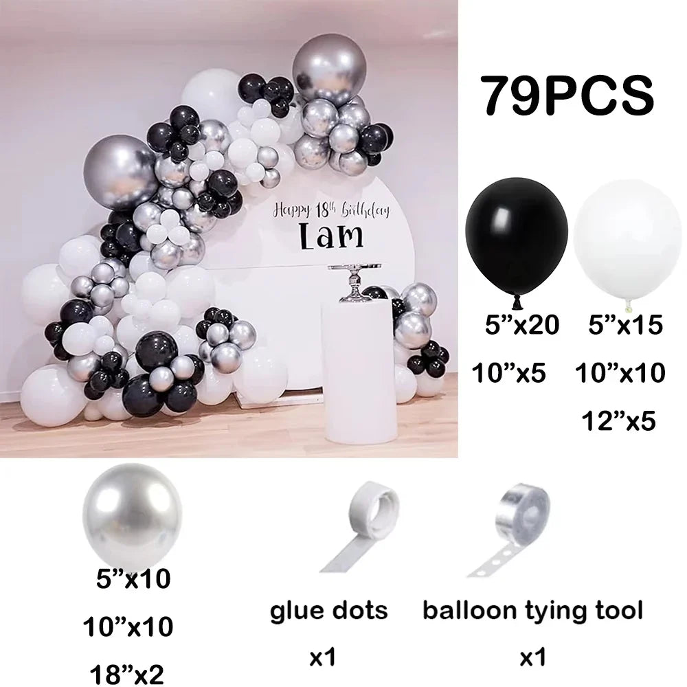 Black White Balloons Garland Metal Silver Balloon Arch Kit 18th