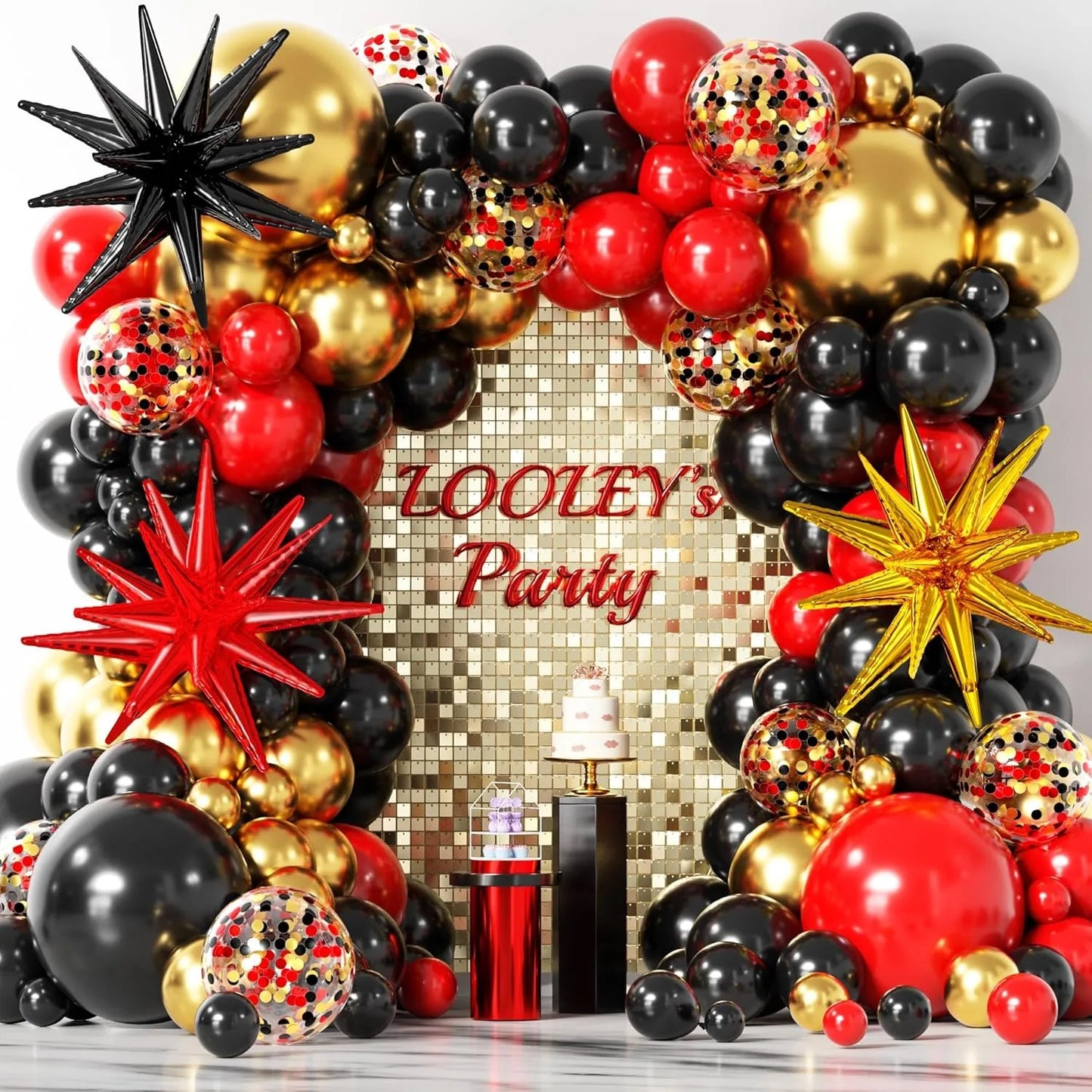 137Pcs Red Black and Gold Confetti with Starburst Balloons Garland