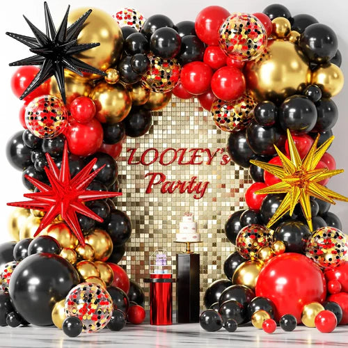 137Pcs Red Black and Gold Confetti with Starburst Balloons Garland