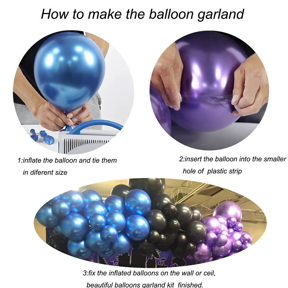 117Pcs Metallic Chrome Black Purple Blue Balloons Garland Arch Kit for