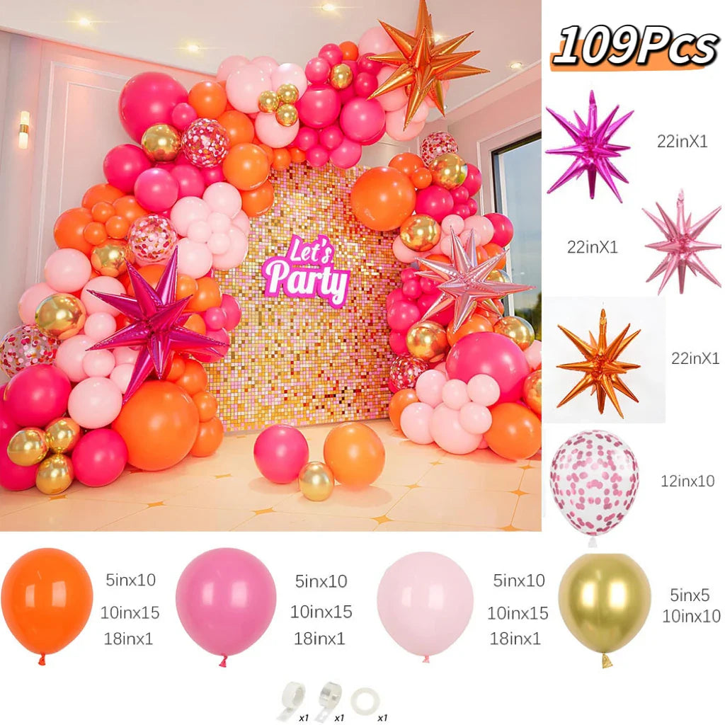 109Pcs Pink and Orange Balloon Hot Pink Orange Metallic Gold Latex