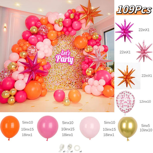 109Pcs Pink and Orange Balloon Hot Pink Orange Metallic Gold Latex