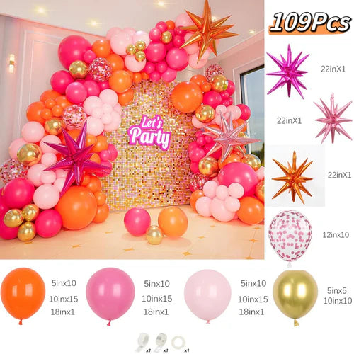 109Pcs Pink and Orange Balloon Hot Pink Orange Metallic Gold Latex
