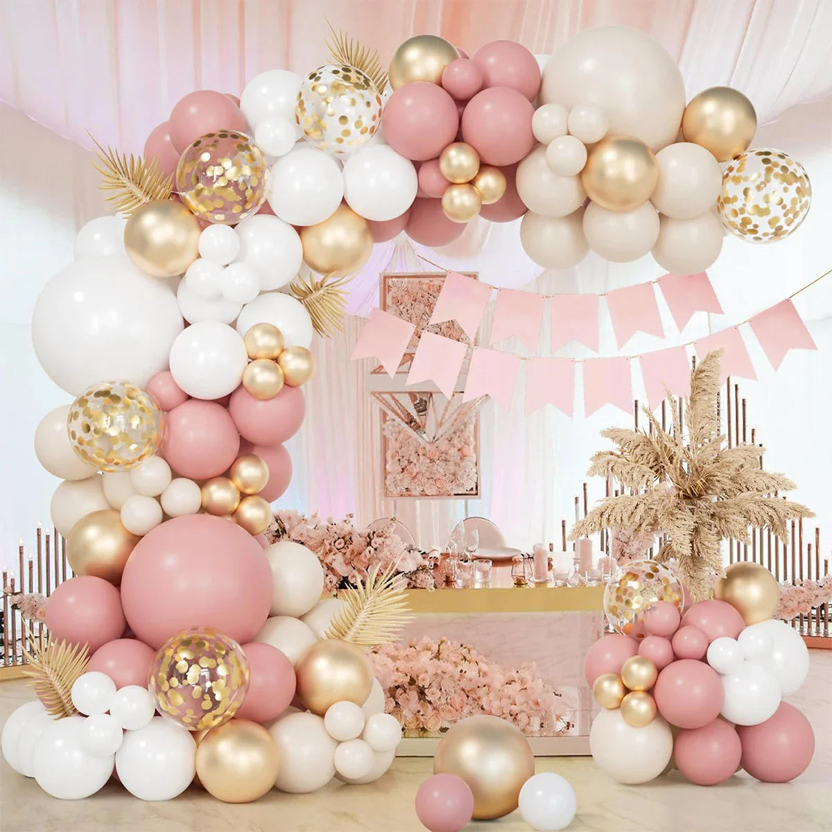 Retro Pink White Gold Balloons Garland Arch Kit Birthday Party