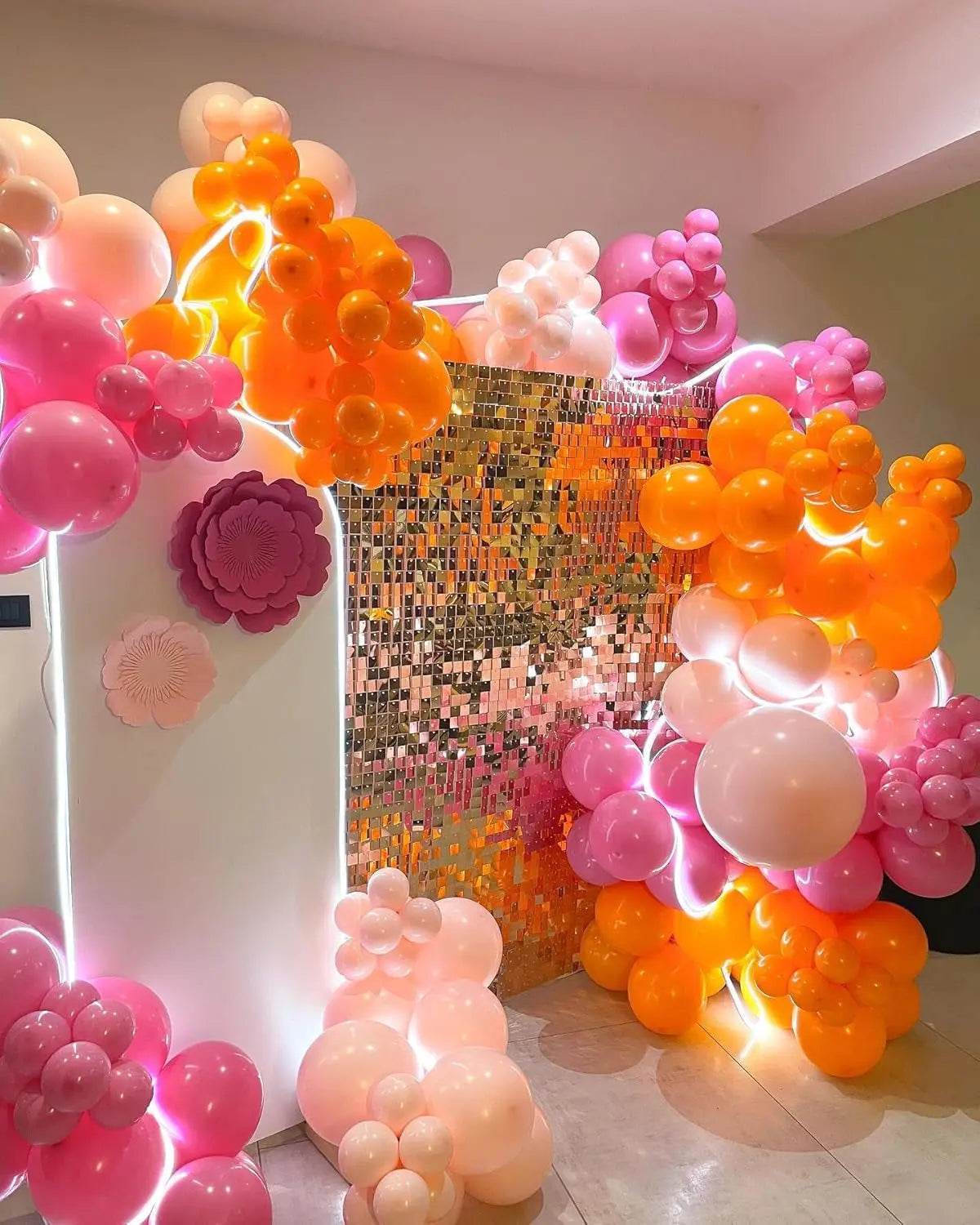 109Pcs Pink and Orange Balloon Hot Pink Orange Metallic Gold Latex