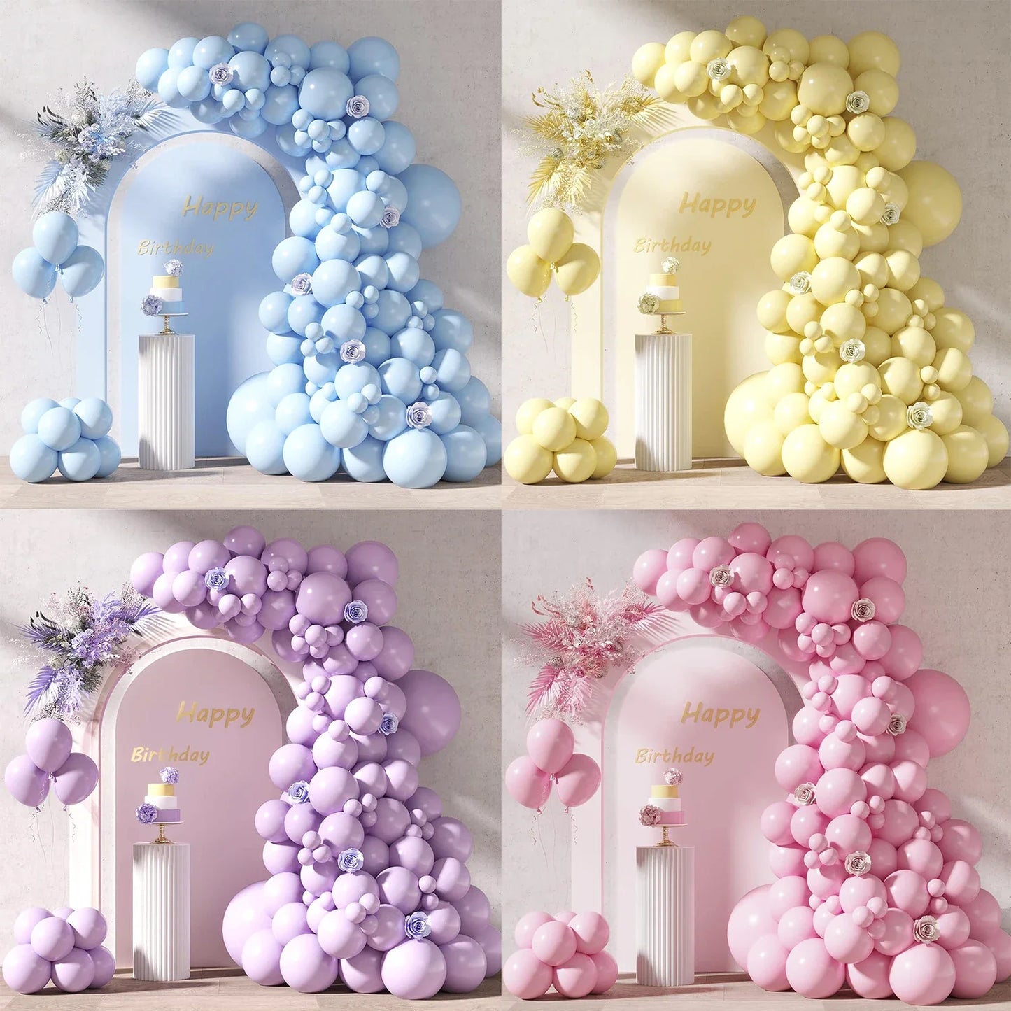 96pcs Pastel Blue/Pink/Yellow/Purple Balloons Set (18/12/10/5 In) for