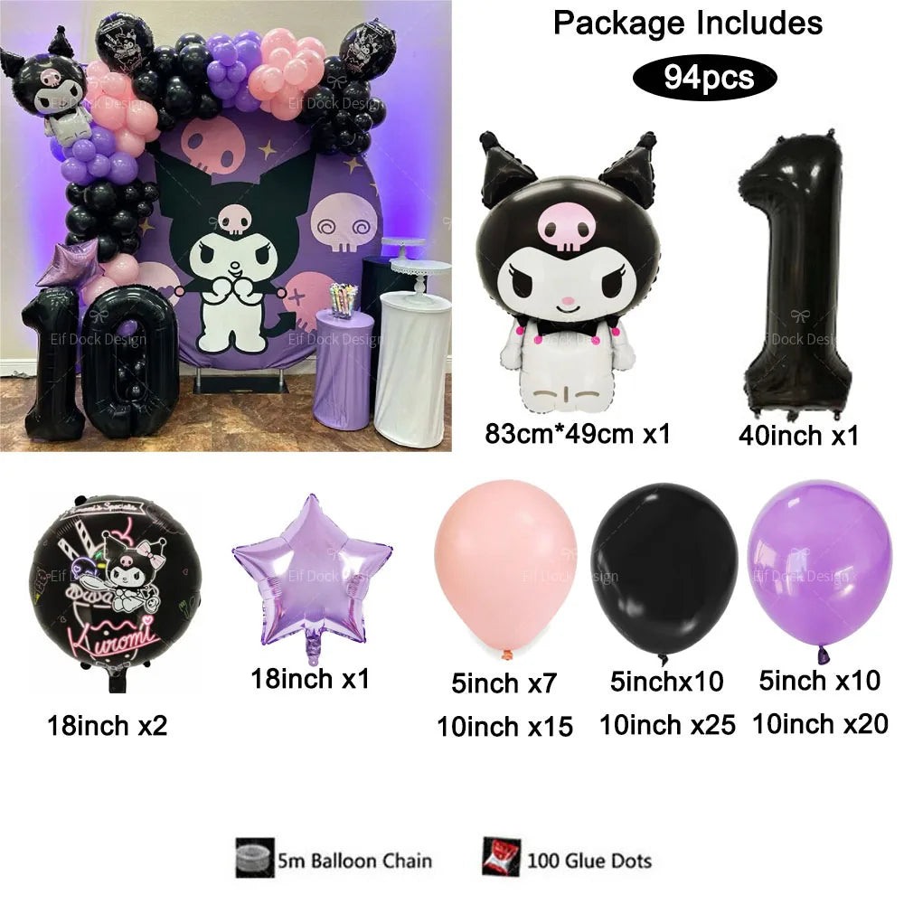 94PCS Kuromi Themed Balloons Garland Arch Kit for Girl Birthday Party