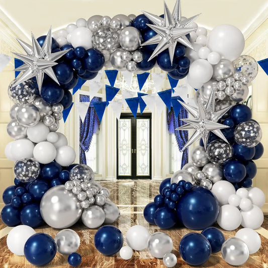 106Pcs  Navy Blue and Silver Balloon Garland Arch Kit Silver Confetti