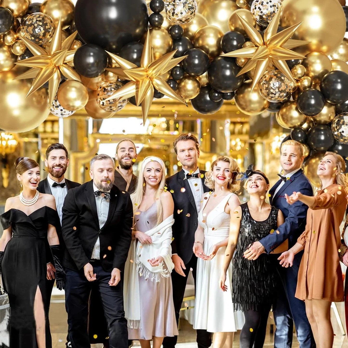 134pcs black and gold with gold confetti balloon garland arch set,