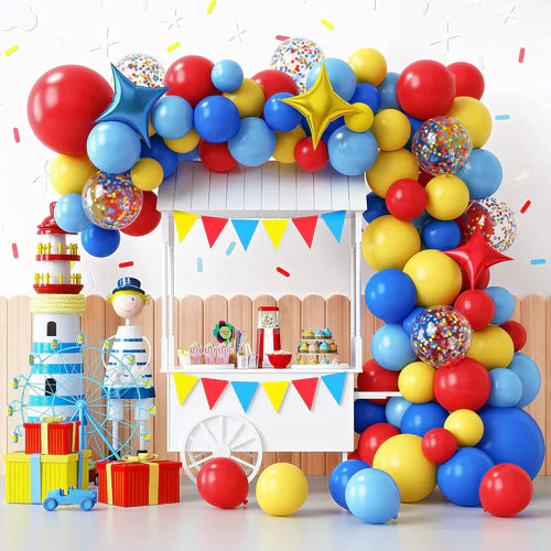 Vibrant Carnival Balloon Garland Arch Kit - Red, Blue, Yellow &