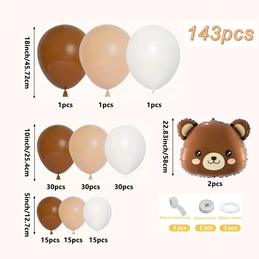 142pcs Cartoon Bear Khaki White Skin Latex Balloons Garland Arch Kit
