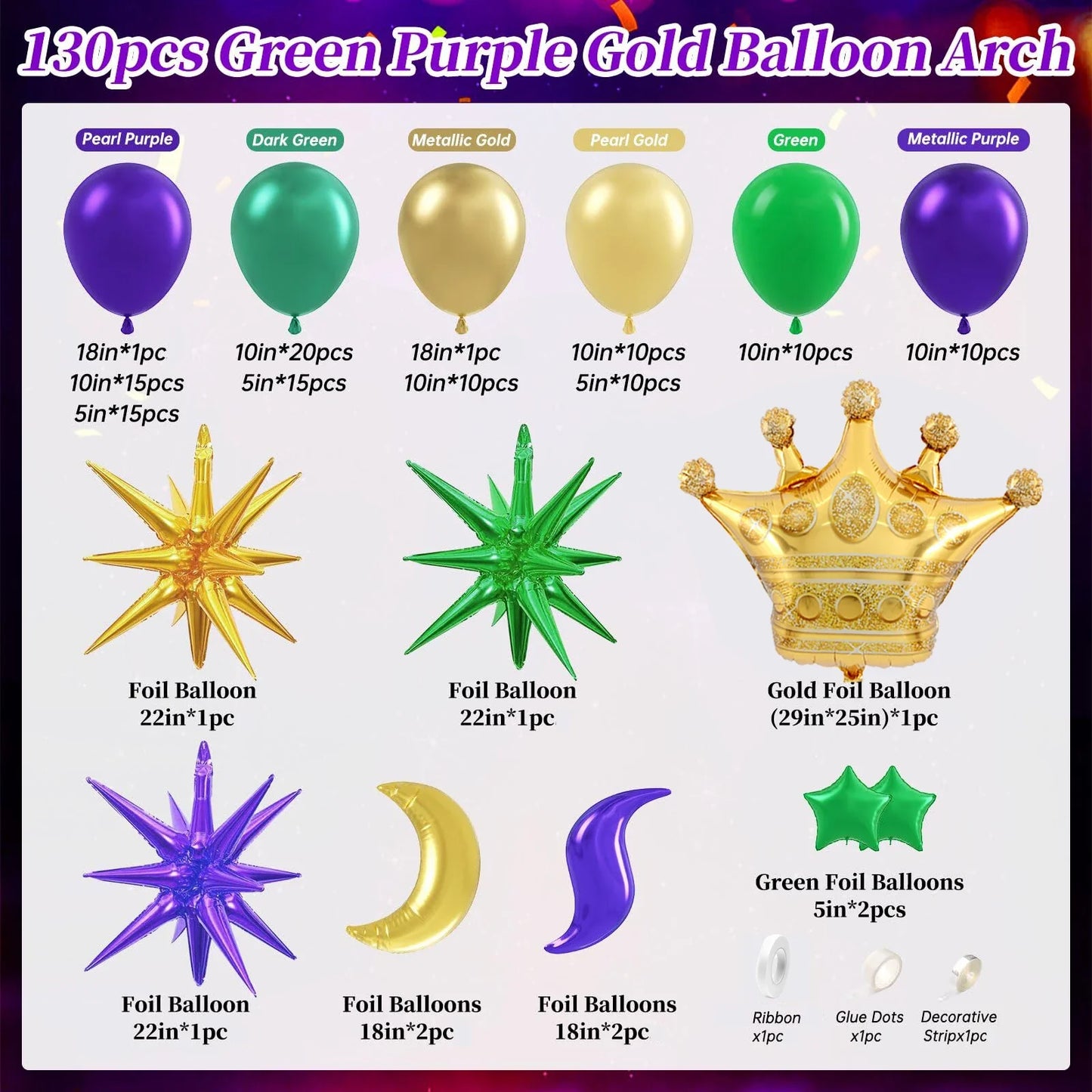 130pcs Mardi Gras Balloon Garland Arch Kit Green Purple Gold for Fat