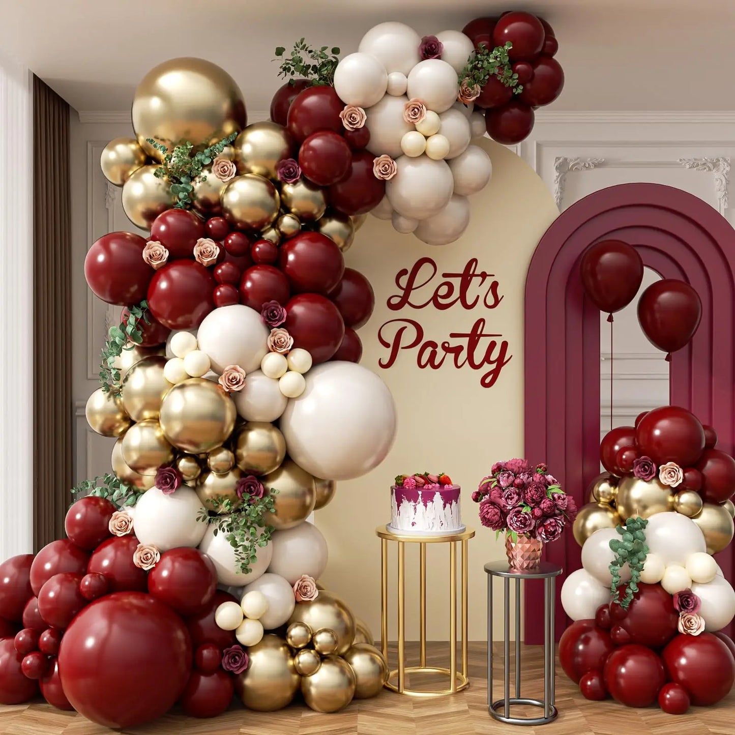 Burgundy Balloon Garland Arch Kit with Sand White Metallic Gold