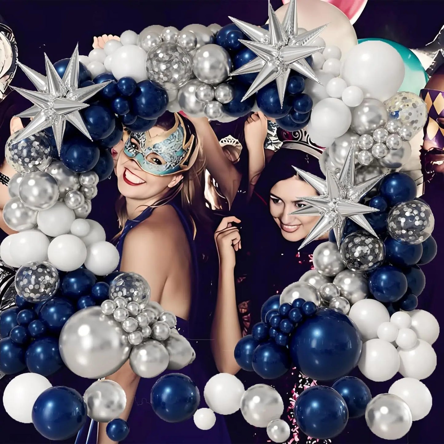 106Pcs  Navy Blue and Silver Balloon Garland Arch Kit Silver Confetti