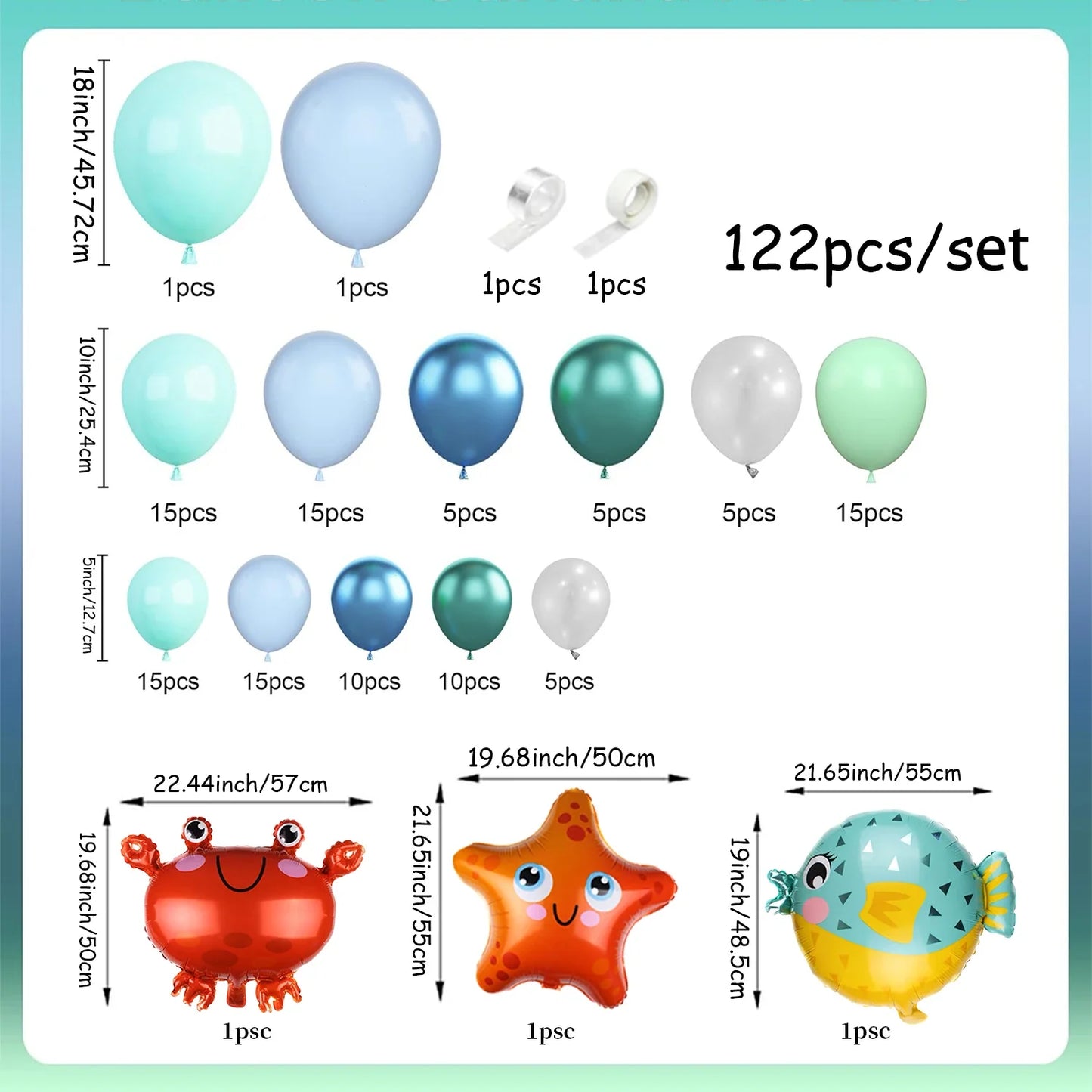 122-Piece Ocean-Themed Party Balloon Arch Kit, Light Blue, Teal, Lime