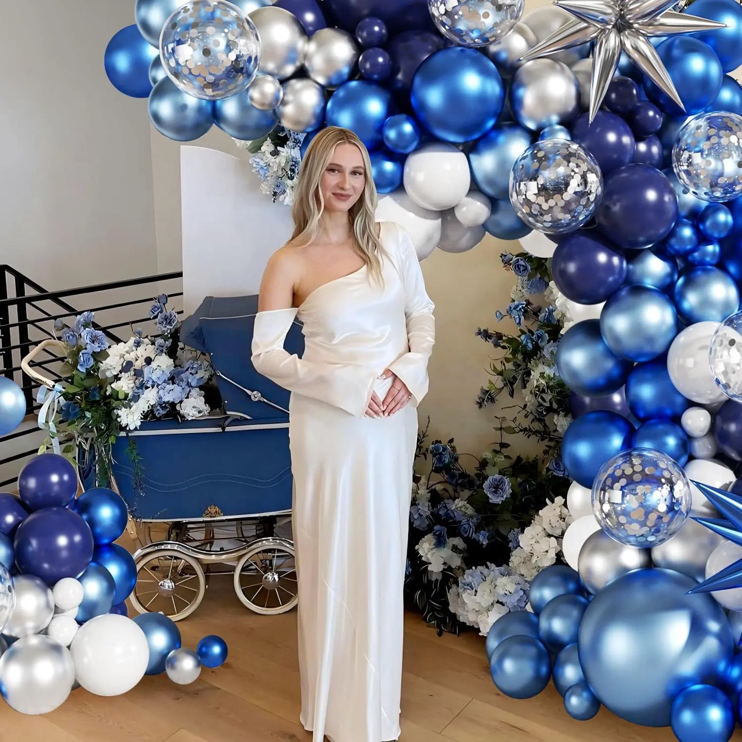 Blue White Silver Balloon Garland Arch Kit 137Pcs Navy Light Metallic