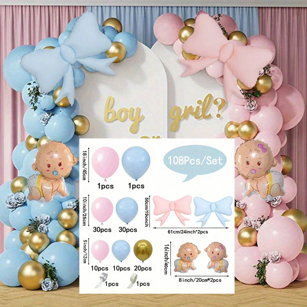Gender Reveal Balloon Garland Kit with Bow & Baby Balloons - Chrome