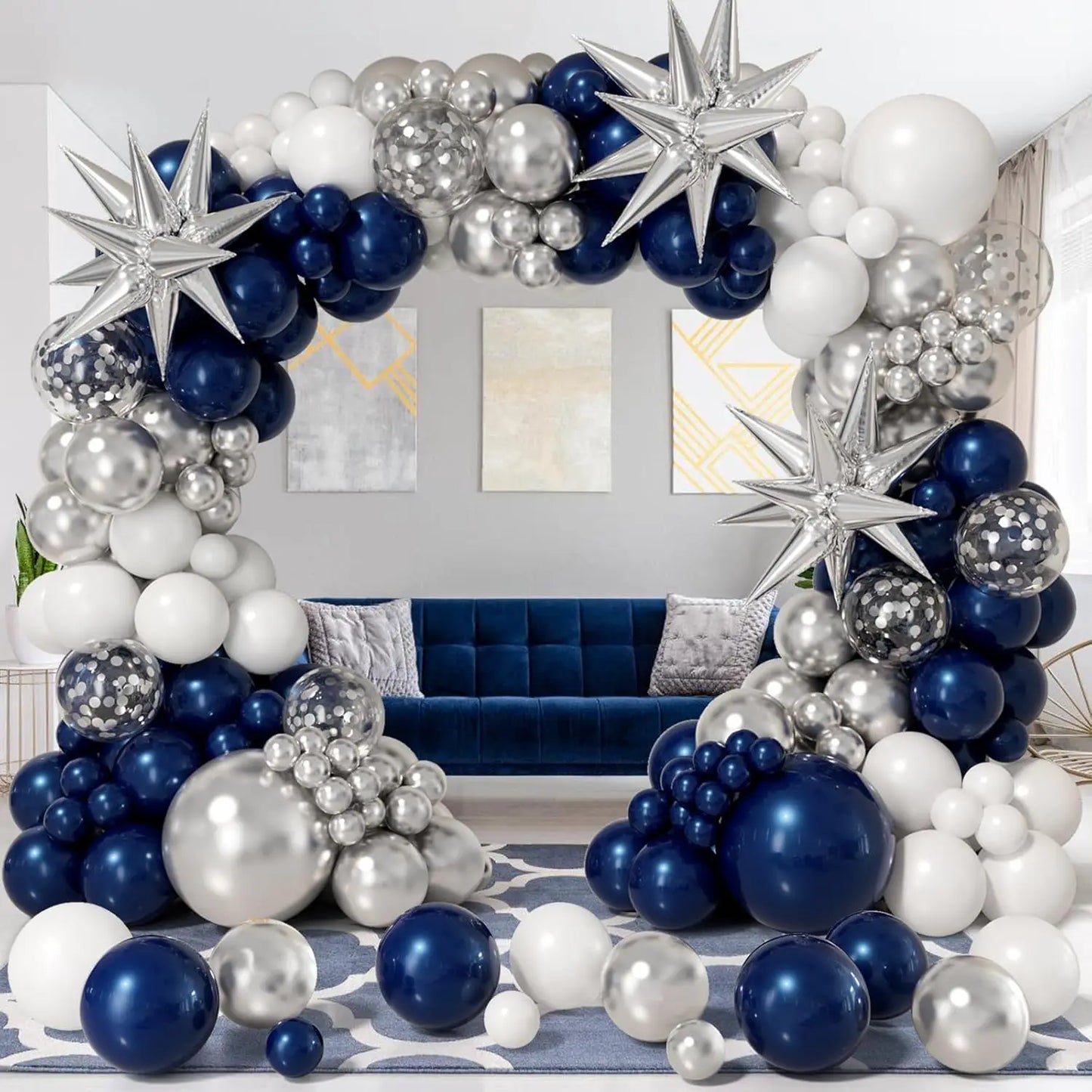 106Pcs  Navy Blue and Silver Balloon Garland Arch Kit Silver Confetti