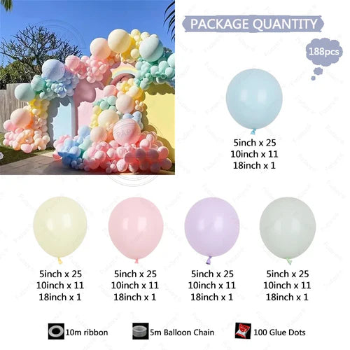 188pcs Pastel Macaron Balloon Garland Arch Kit Assorted Rainbow Colors