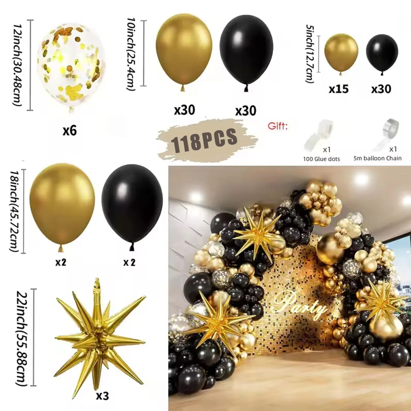 Black and Gold Balloons Garland Arch Kit with Starburst Foil Balloons