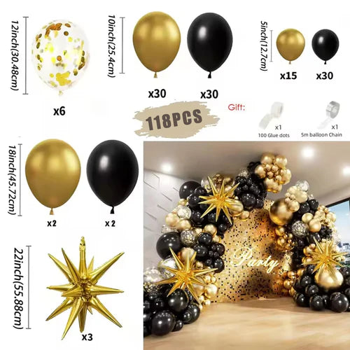 Black and Gold Balloons Garland Arch Kit with Starburst Foil Balloons