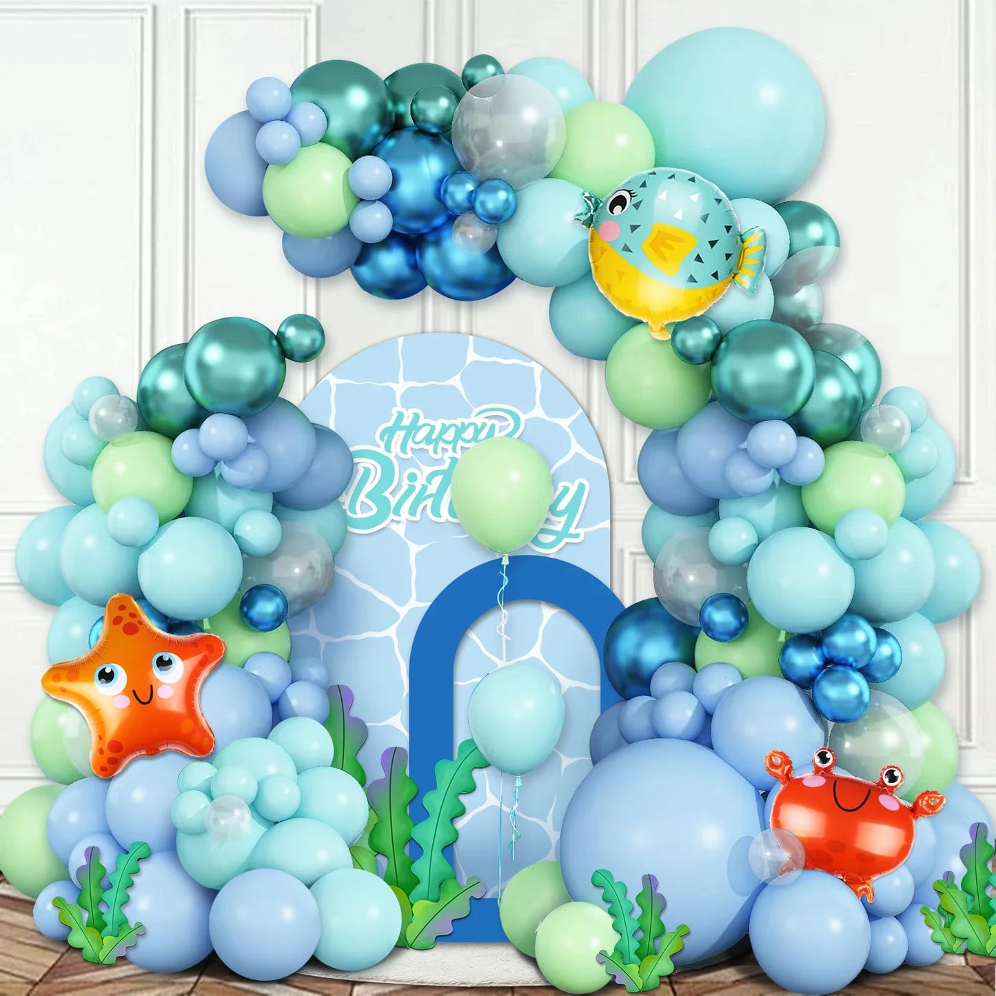 122-Piece Ocean-Themed Party Balloon Arch Kit, Light Blue, Teal, Lime