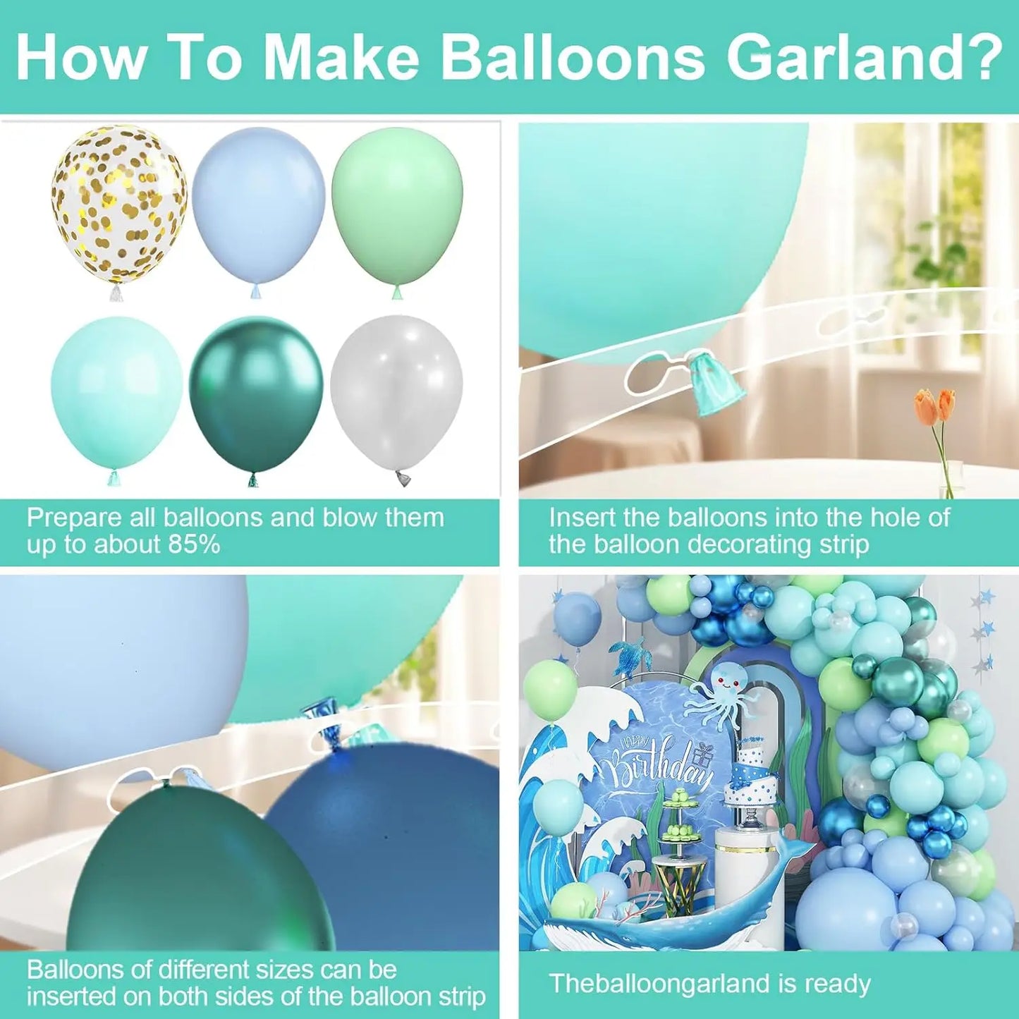 122-Piece Ocean-Themed Party Balloon Arch Kit, Light Blue, Teal, Lime