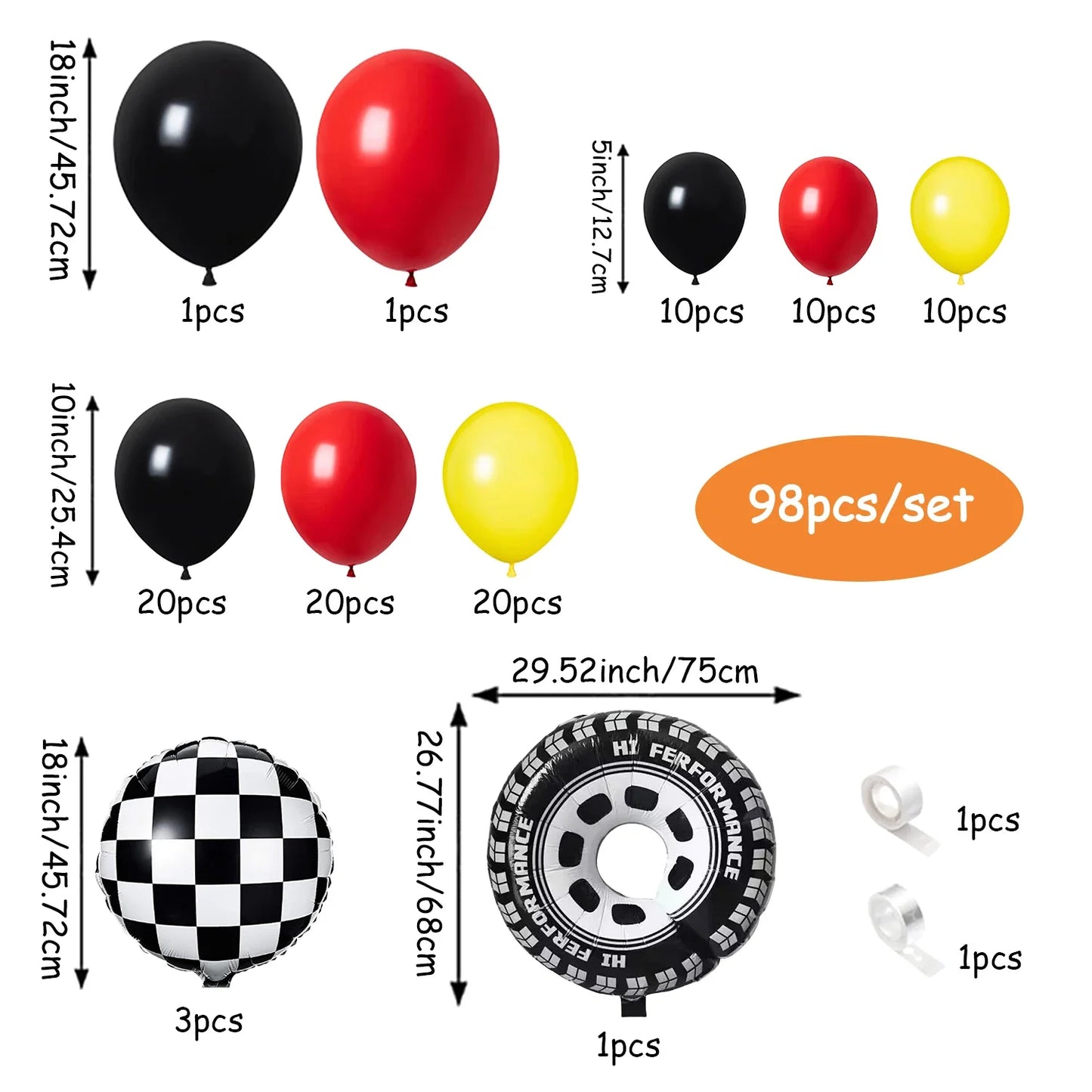 98 Pieces Yellow and Black All-In-One Car Theme Balloon Garland Set,