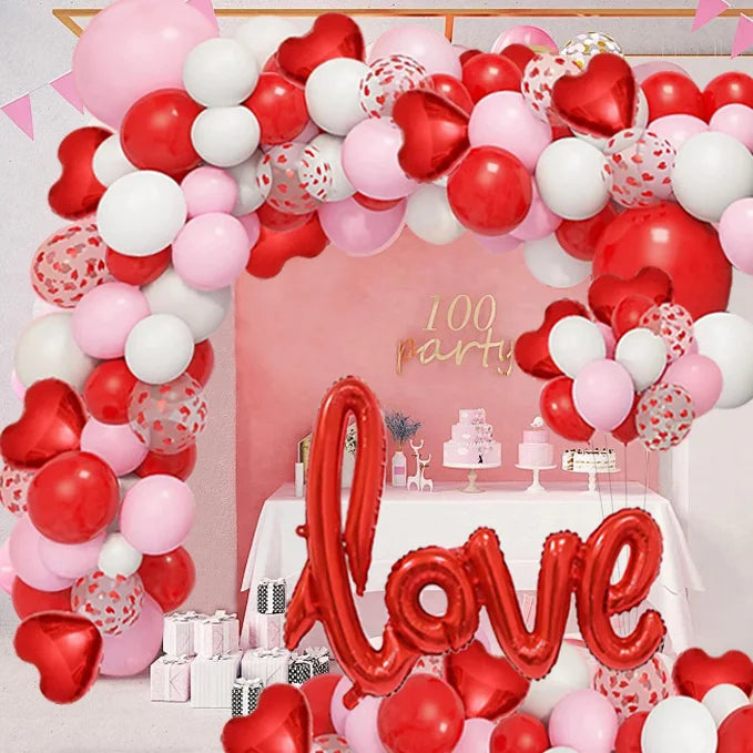 128Pcs Valentine's Day Red and Pink Heart-Shaped Foil Balloon Garland