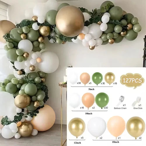 100PCS Retro Green White Balloon Garland Beige Sand Balloons Arch Kit