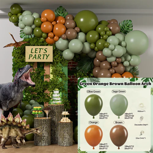 136Pcs Dinosaur Balloon Garland Arch Kit Brown Orange Sage Green Latxe