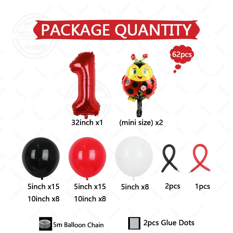 62pcs LadyBug Foil Balloons Garland Arch Kit Red Number Foil Ballon