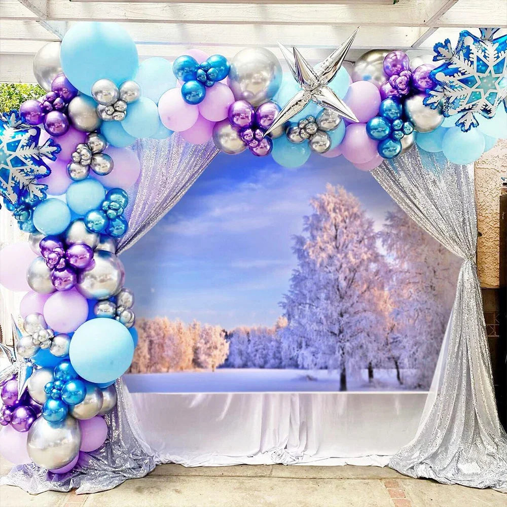 Blue Purple Sliver White Snowflake Balloons Garland Arch Kit for
