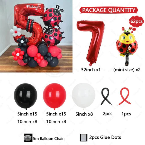 62pcs LadyBug Foil Balloons Garland Arch Kit Red Number Foil Ballon
