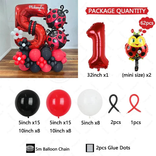 62pcs LadyBug Foil Balloons Garland Arch Kit Red Number Foil Ballon