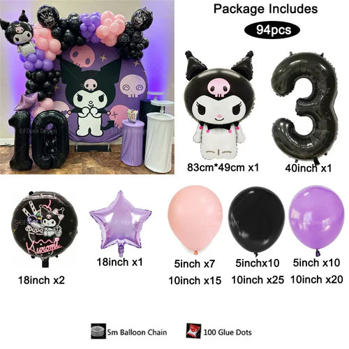 94PCS Kuromi Themed Balloons Garland Arch Kit for Girl Birthday Party