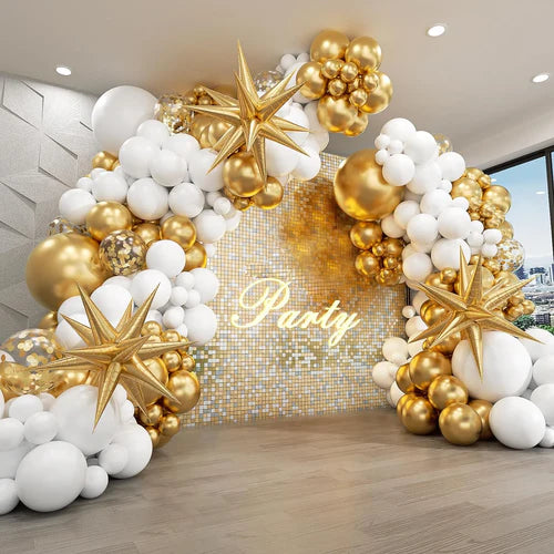 121Pcs White and Gold Balloons Garland Arch Kit with Starburst Foil