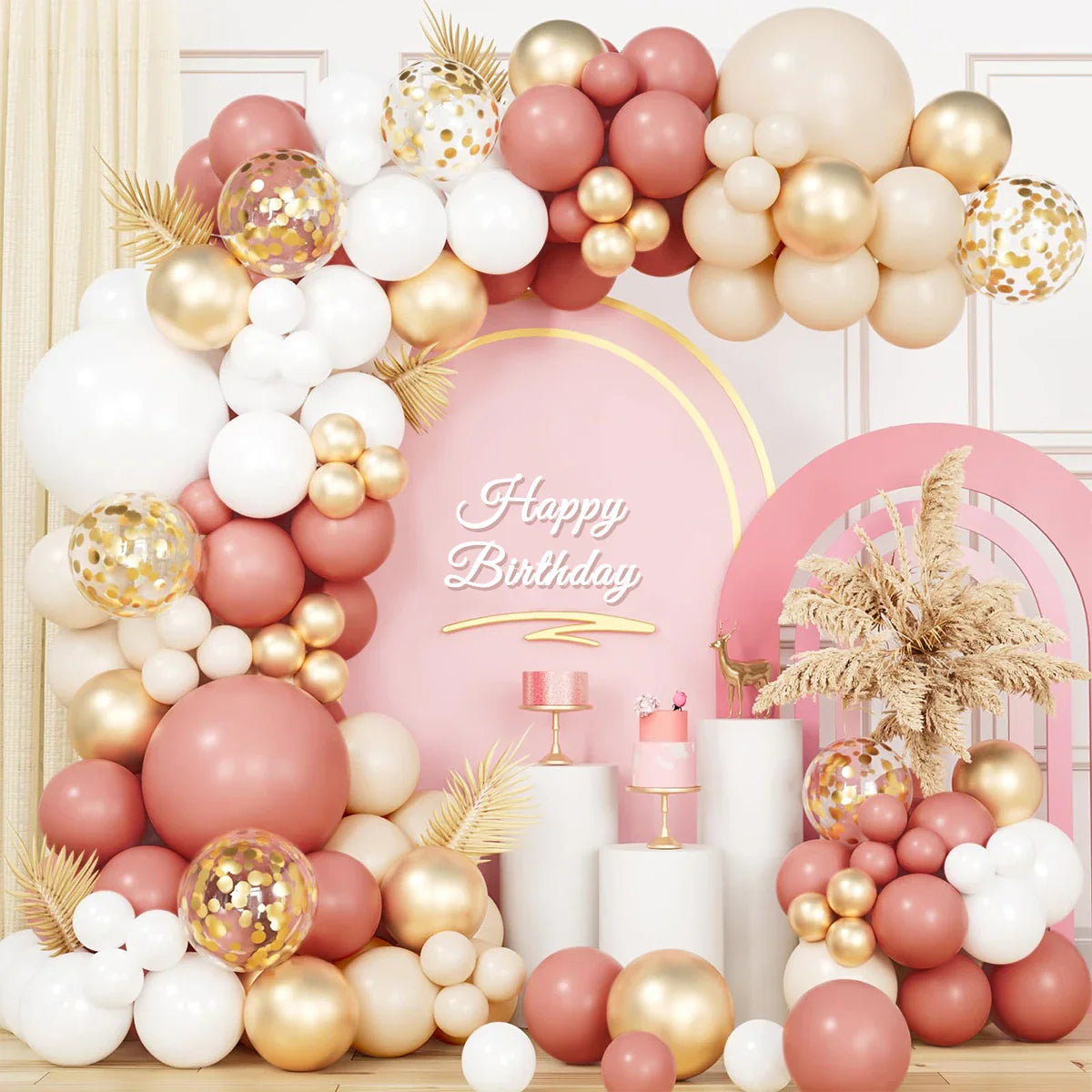 Retro Pink White Gold Balloons Garland Arch Kit Birthday Party