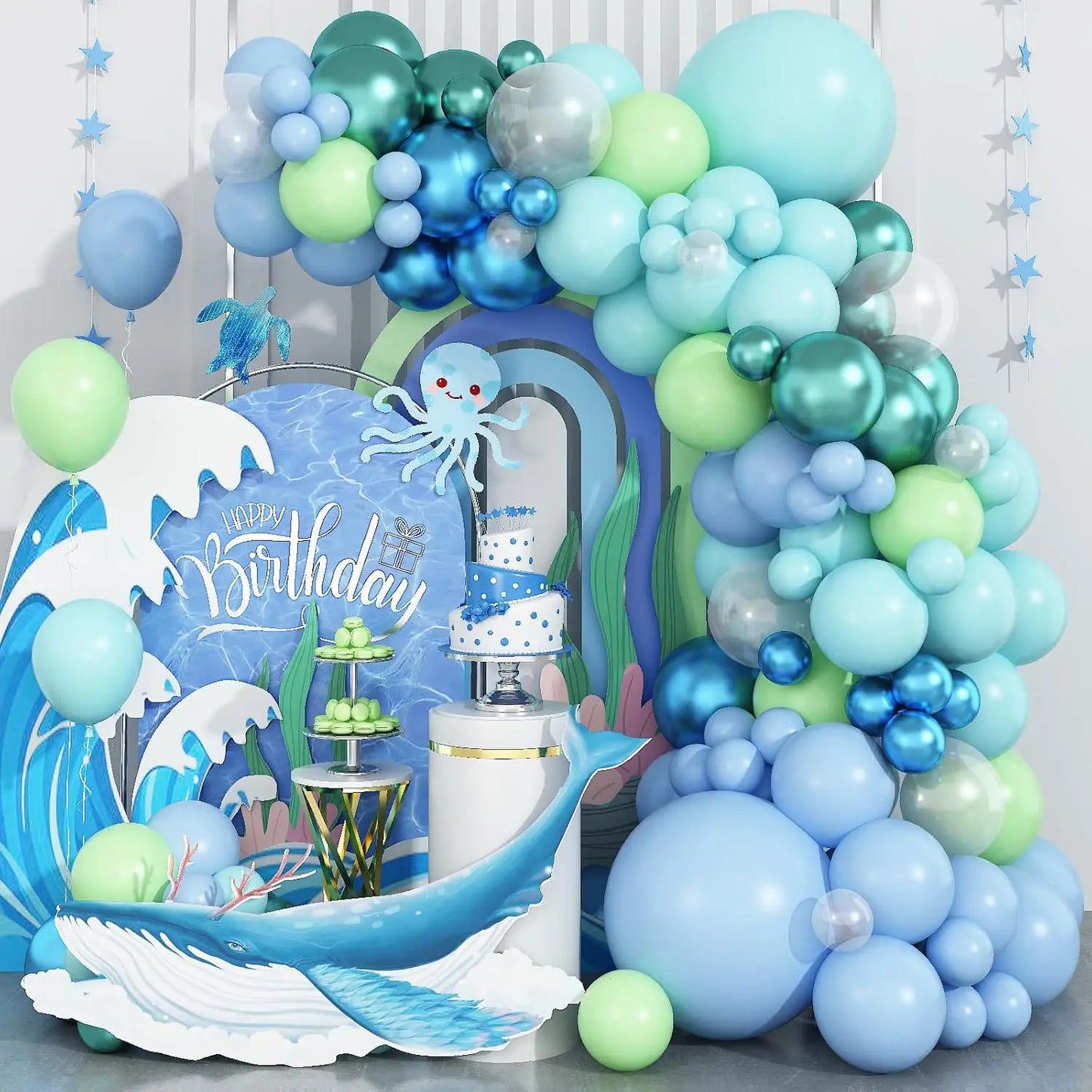 122-Piece Ocean-Themed Party Balloon Arch Kit, Light Blue, Teal, Lime
