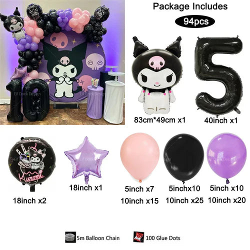 94PCS Kuromi Themed Balloons Garland Arch Kit for Girl Birthday Party